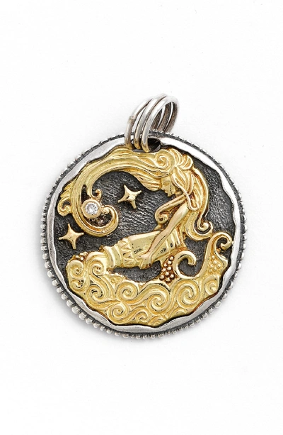 Konstantino Aquarius Carved Zodiac Pendant With Diamond In Aquarius/ Silver/ Gold