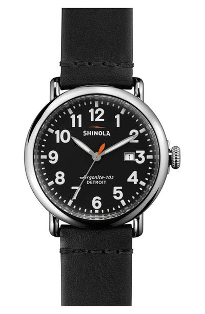 Shinola 'the Runwell' Round Leather Strap Watch, 41mm In Black