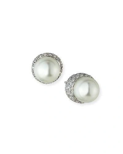 Fantasia By Deserio 9mm Pave Pearly Stud Earrings In Silver
