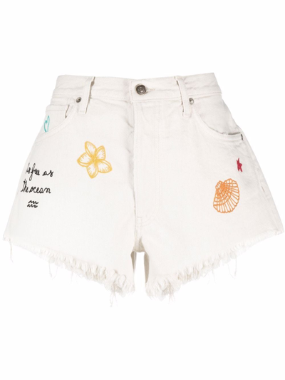 Alanui Mermaid Embroidered Cotton Denim Shorts In Beige