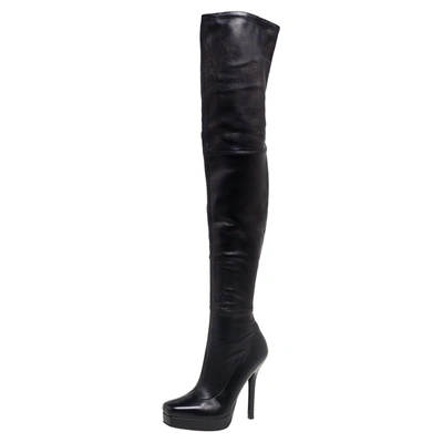 Pre-owned Gucci Black Leather Platform Over The Knee Boots Size 36