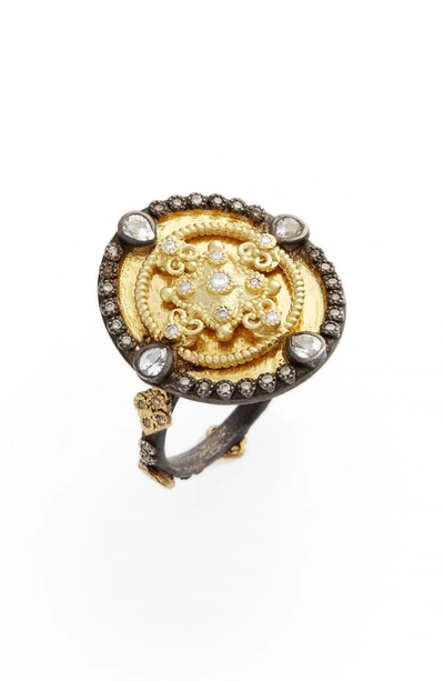 Armenta 18k Yellow Gold & Blackened Sterling Silver Old World Diamond & White Sapphire Heraldry Ring