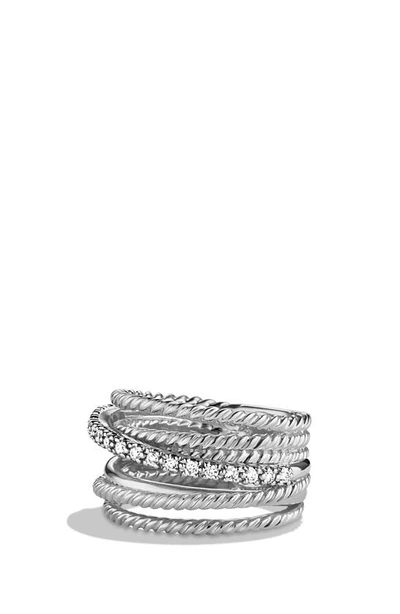 David Yurman Crossover Ring With Pavé Diamonds And Silver, 12mm In Sterling Silver