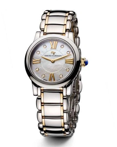 David Yurman Classic 30mm Stainless Steel Quartz With Diamond Markers & Gold In White
