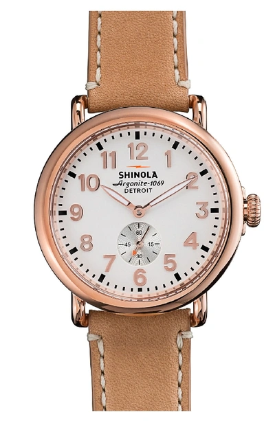 Shinola The Runwell Rose Golden Watch With Taupe Strap, 41mm In Natural/ Rose Gold