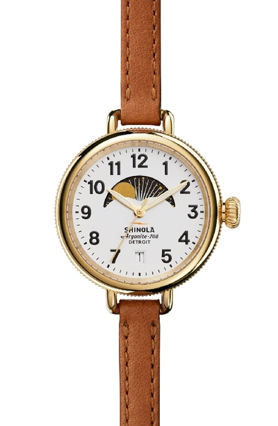 Shinola 34mm Birdy Moon Phase Watch With Leather Strap, Brown/white In White/tan