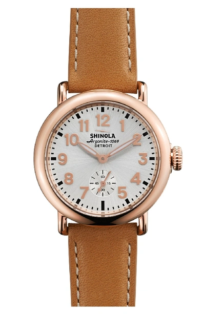 Shinola The Runwell Rose Golden Watch With Tan Leather Strap, 36mm In Natural/ Rose Gold