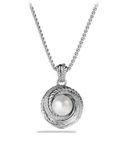 David Yurman Crossover Pearl Pendant With Diamonds On Chain In Silver