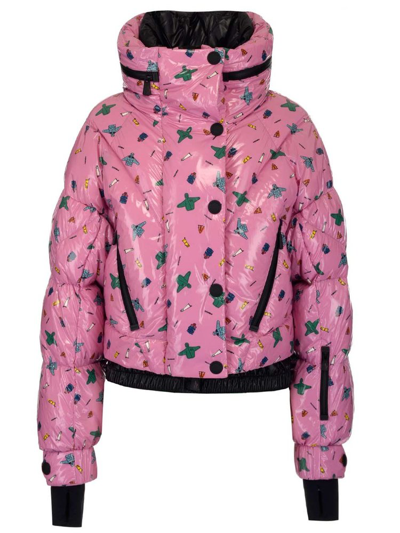 Moncler Pumel Printed Short Down Jacket In Pink
