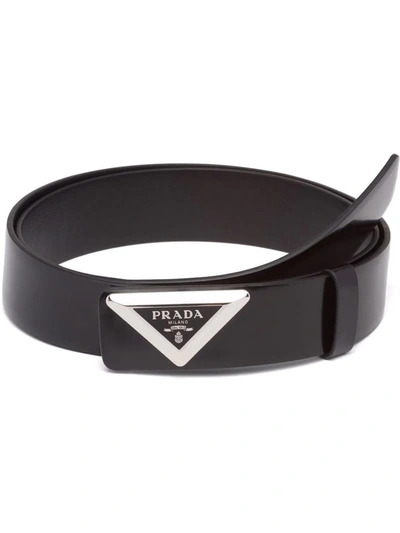 Prada Triangle-logo Leather Belt In Black