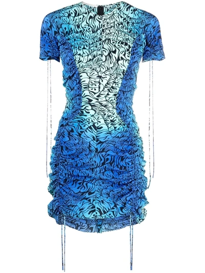 Stella Mccartney Ruched Printed Silk Crepe De Chine Mini Dress In Blue
