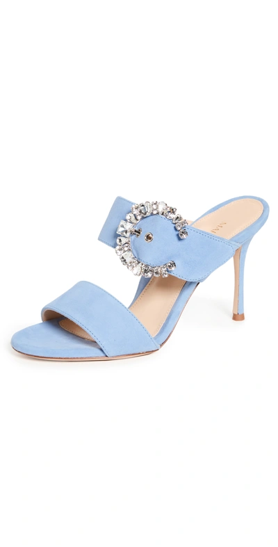 Marion Parke Lucia Crystal-buckle Suede Slide Sandals In Blue