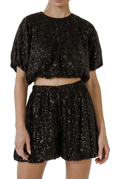 Endless Rose Sequins Voluminous Crop Top In Black