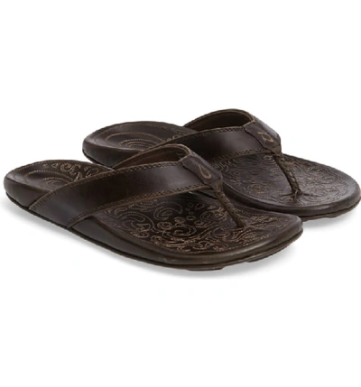 Olukai Waimea Leather Thong Sandals In Basalt/ Basalt Leather