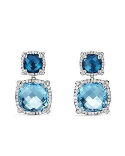 David Yurman Châtelaine Pavé Bezel Double Drop Earring With Blue Topaz, Hampton Blue Topaz And Diamonds In Blue/silver