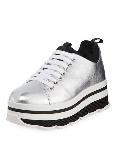 Prada Leather Lace-up Platform Sneaker In Silver