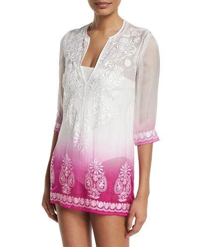 Marie France Van Damme Embroidered-front Ombre Short Tunic Coverup In Rose Dip Dye