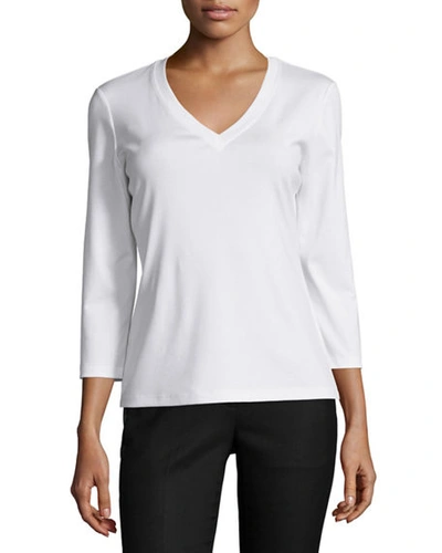 Lafayette 148 Stretch Cotton 3/4-sleeve V-neck Tee In White