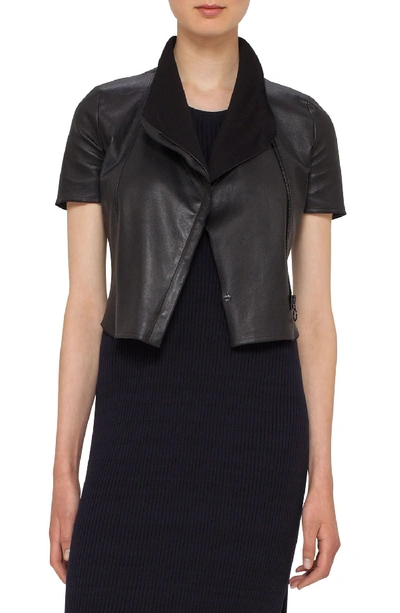 Akris Punto Leather Short-sleeve Cropped Biker Jacket, Black