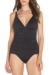 Tommy Bahama Pearl Solids V Neck One Piece Swimsuit In Black