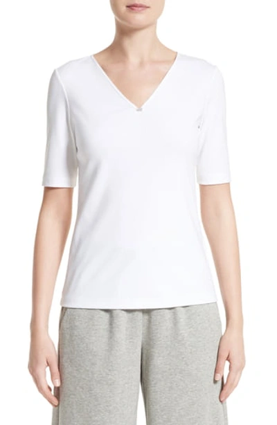 Lafayette 148 Short-sleeve V-neck Stretch-cotton Top W/ Chain Detail In White