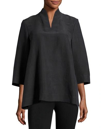 Eileen Fisher Petite 3/4-sleeve High-collar Doupioni Silk Blouse In Graphite