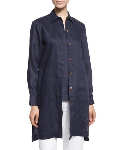 Go Silk Petite Long-sleeve Linen Duster In Midnight