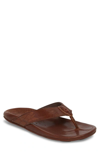 Olukai Waimea Leather Thong Sandals In Dark Wood/ Dark Wood Leather