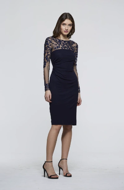 David Meister Long-sleeve Jersey Illusion Cocktail Dress, Dark Navy