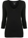 Majestic Soft Touch 3/4-sleeve V-neck Tee In Black