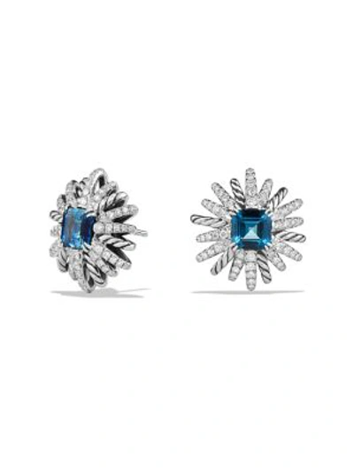 David Yurman Starburst Earrings With Diamonds And Hampton Blue Topaz In Silver In Blue/silver