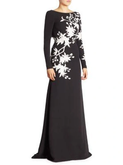 Naeem Khan Long Sleeve Floral Gown In Black White