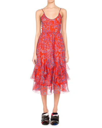 Pascal Millet Floral-print Chiffon Ruffle-hem Midi Dress, Orange