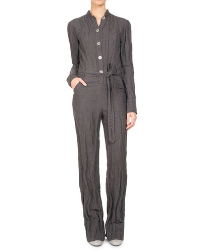 Pascal Millet Long-sleeve Belted Button-front Jumpsuit