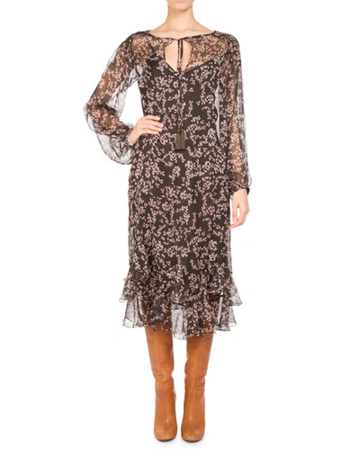 Pascal Millet Floral-print Chiffon Long-sleeve Midi Dress, Brown