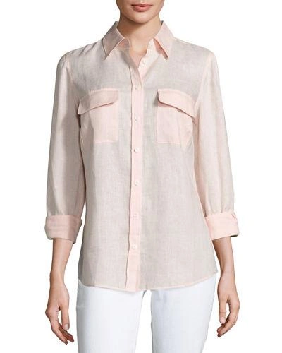 Go Silk Plus Size Long-sleeve Button-front Linen Top In Soft Pink