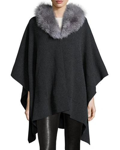 Sofia Cashmere Cashmere Cape W/ Fox Fur Collar In Charcl
