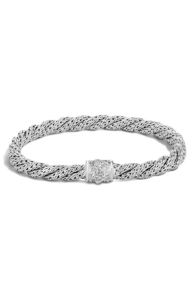 John Hardy Classic Chain Sterling Silver Extra Small Flat Twisted Chain Bracelet With Diamond Pave In White Diamond