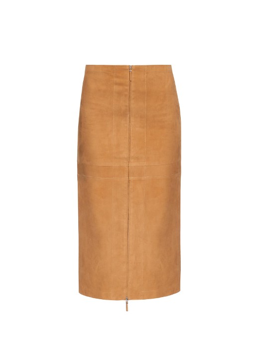 The Row Amika Suede Midi Skirt In Tan-brown | ModeSens