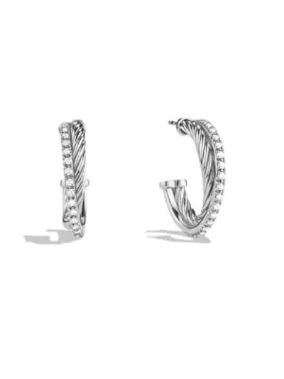 David Yurman Crossover Small Hoop Earrings With Diamonds In Silver