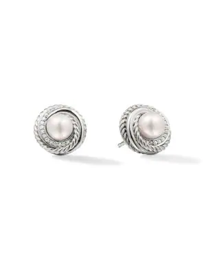 David Yurman Pearl Crossover Earrings With Diamonds In Silver | ModeSens