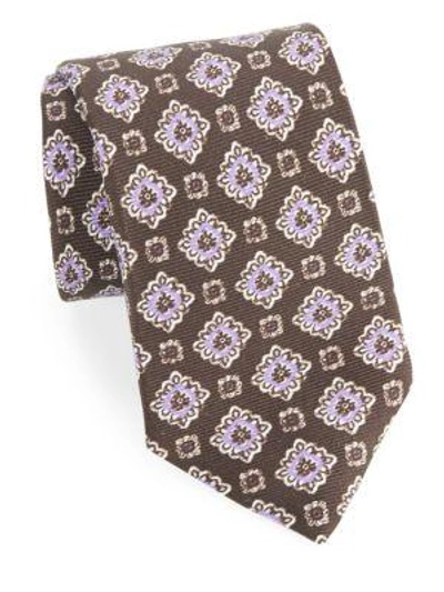 Isaia Floral Print Silk Tie In Dark Brown