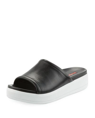 Prada Leather 35mm Platform Sport Slide Sandals In Black/white
