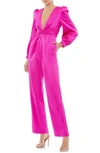 Mac Duggal Plunge Neck Long Sleeve Satin Jumpsuit In Fuchsia