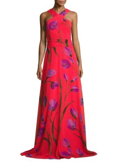 David Meister Cross Neck Halter Floral-printed Gown In Red/purple
