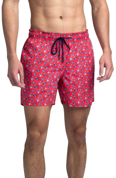 Bugatchi Crab Print Swim Trunks In Ruby