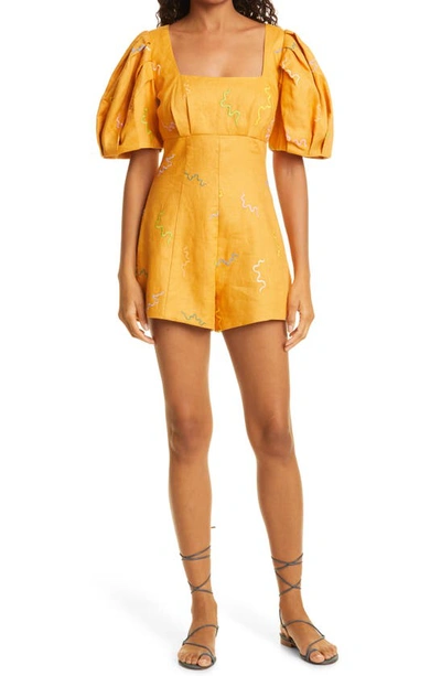 Alemais Sundance Embroidered Puff-sleeve Playsuit In Marigold