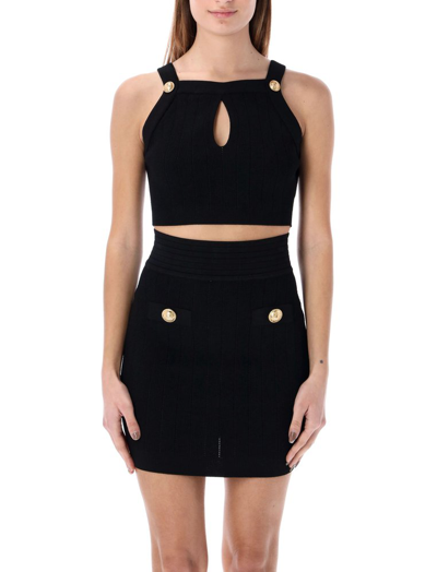 Balmain Cropped Knitted Two-button Top In Black