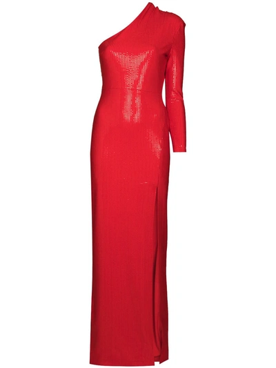 Solace London Monroe One-sleeve Sequined Jersey Maxi Dress In Red