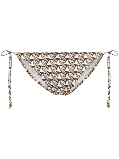 Tory Burch Abstract-print Side-tie Bikini Bottoms In Beige